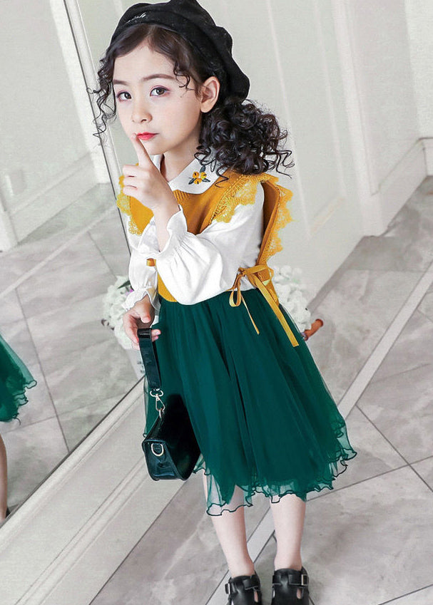 Boutique Yellow Tulle Lace Up Patchwork Knit Baby Dress Two Pieces Set Fall