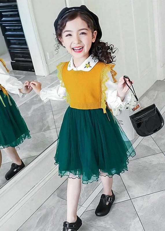 Boutique Yellow Tulle Lace Up Patchwork Knit Baby Dress Two Pieces Set Fall