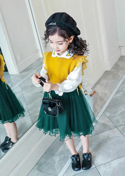 Boutique Yellow Tulle Lace Up Patchwork Knit Baby Dress Two Pieces Set Fall