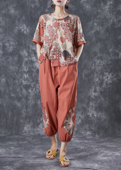 Brick Red Patchwork Cotton Sets 2 Pieces Side Open Summer