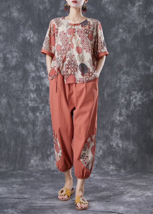 Brick Red Patchwork Cotton Sets 2 Pieces Side Open Summer