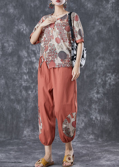 Brick Red Patchwork Cotton Sets 2 Pieces Side Open Summer