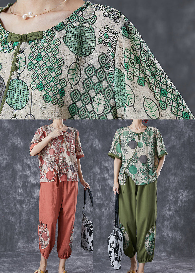 Brick Red Patchwork Cotton Sets 2 Pieces Side Open Summer