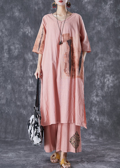 Brick Red Print Linen Dress and Pants Two Piece Set Outfits Side Open Summer
