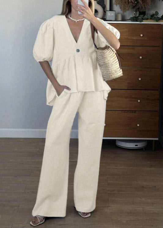 Brief Apricot V Neck Patchwork Shirts and Wide Leg Pants Two Pieces Set Summer