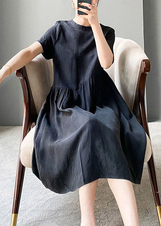Brief Blue Geometry O-neck Patchwork Cotton Blend Dress Short Sleeve