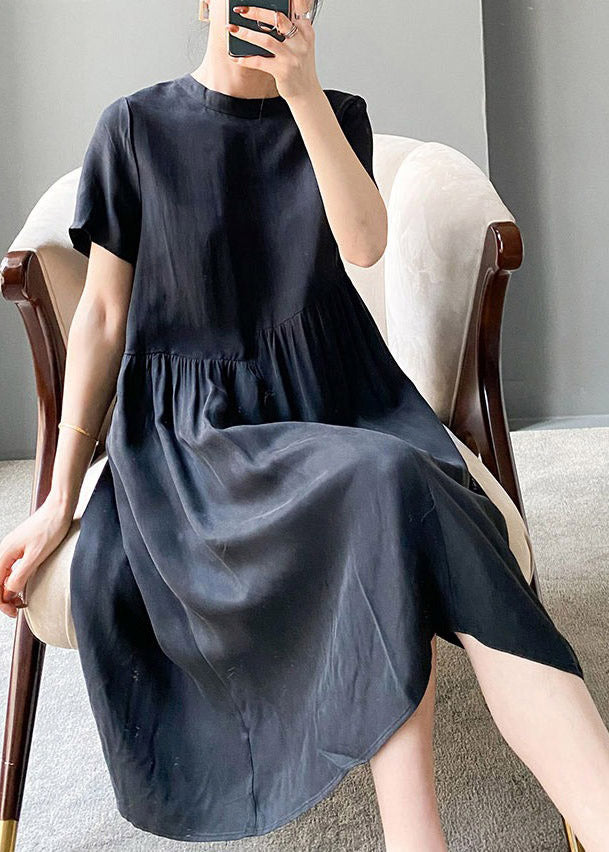Brief Black Flower O-neck Patchwork Cotton Blend Dress Short Sleeve