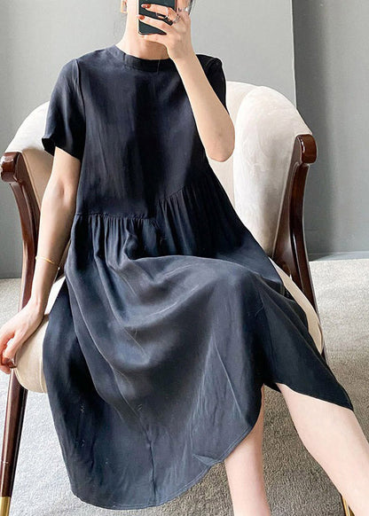 Brief Beige O-neck Patchwork Linen Dress Short Sleeve