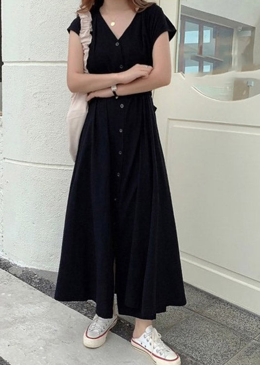 Brief Blue V Neck Tie Waist Button Long Dress Short Sleeve