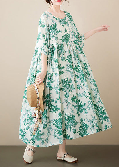 Brief Green O-neck Patchwork Print Cotton Maxi Dresses Summer