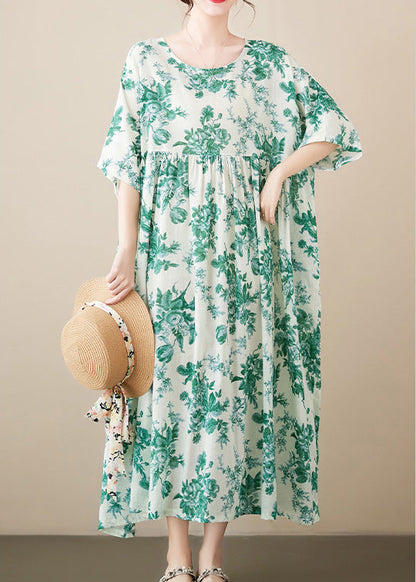 Brief Green O-neck Patchwork Print Cotton Maxi Dresses Summer
