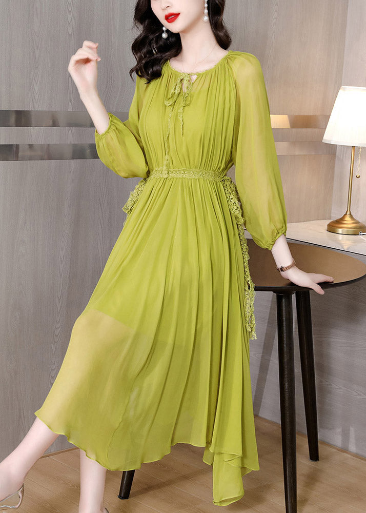 Brief Green O-neck Wrinkled Chiffon Long Dress Fall