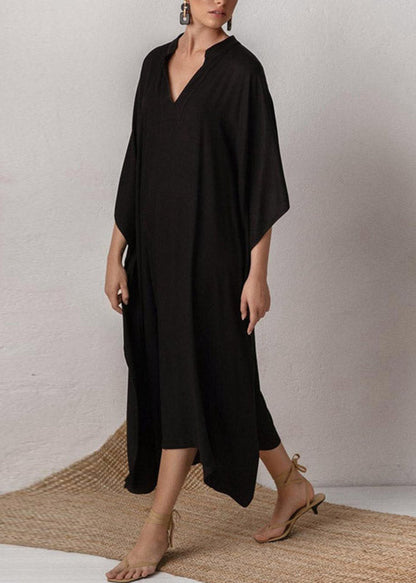 Brief Green V Neck Cozy Kaftan Long Dress Half Sleeve