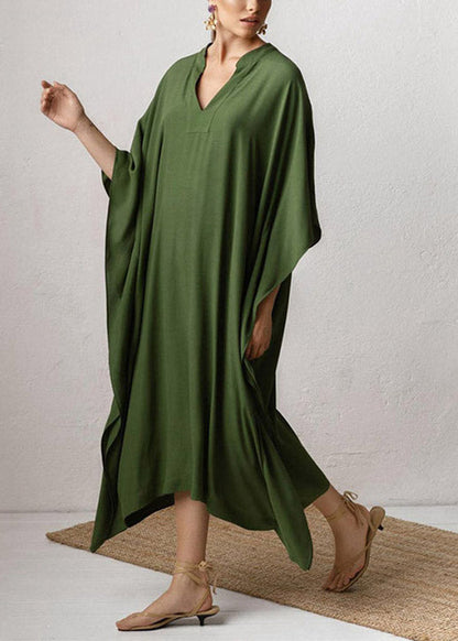 Brief Green V Neck Cozy Kaftan Long Dress Half Sleeve