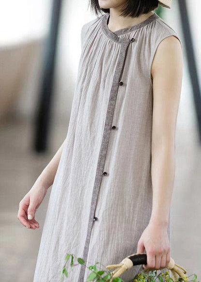 Brief Khaki O-neck Button Linen Long Dress Sleeveless