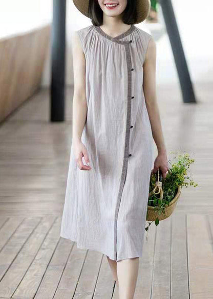Brief Khaki O-neck Button Linen Long Dress Sleeveless