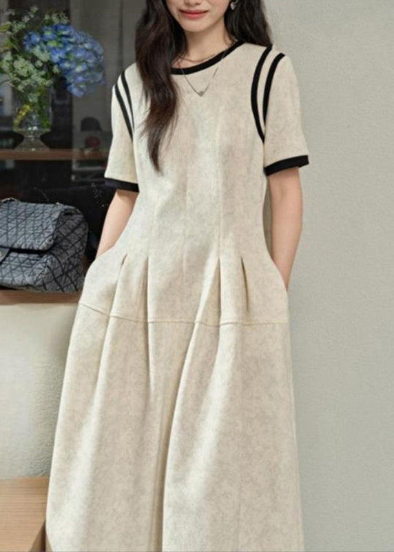 Brief Light Grey O-neck Wrinkled Patchwork Maxi Dresses Summer