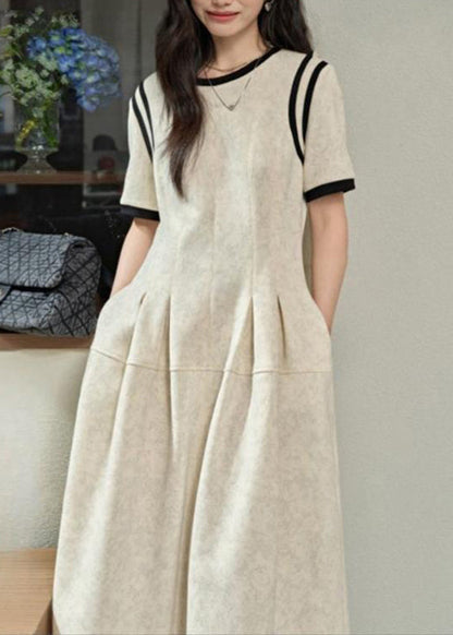 Brief Light Grey O-neck Wrinkled Patchwork Maxi Dresses Summer