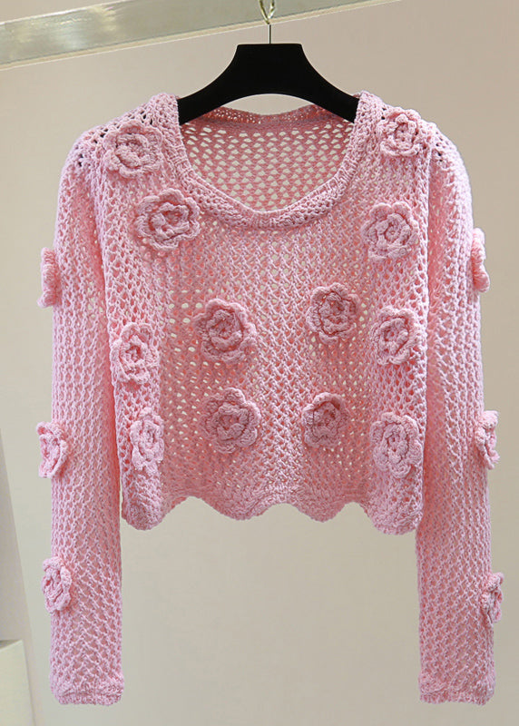 Brief Pink Hollow Out Cotton Knit Sweaters Spring