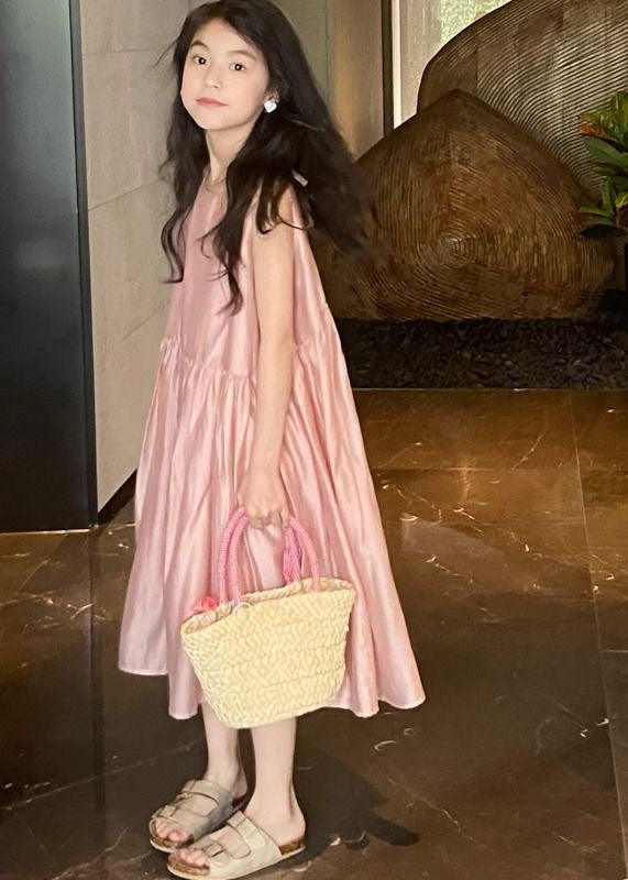 Brief Pink O-neck Patchwork Silk Kids Maxi Dresses Summer