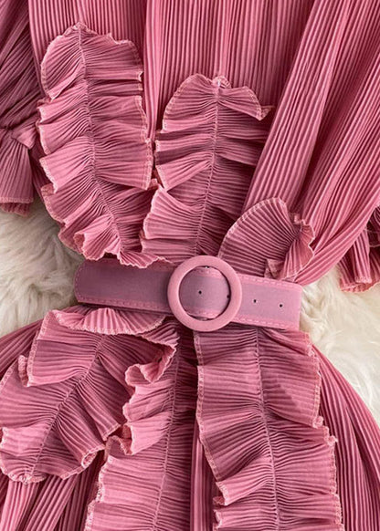 Brief Pink Stand Collar a Line Long Dress Flare Sleeve