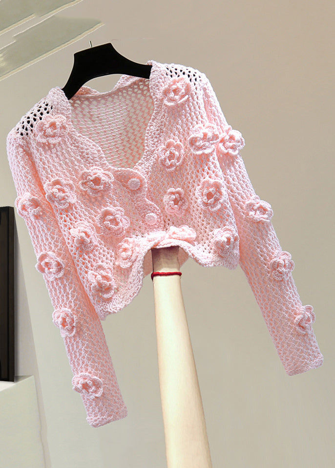 Brief Purple V Neck Embroidered Cotton Knit Sweater Spring