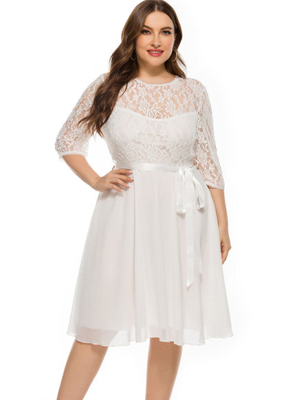 Brief White O-neck Lace Patchwork Chiffon Mid Dress Bracelet Sleeve