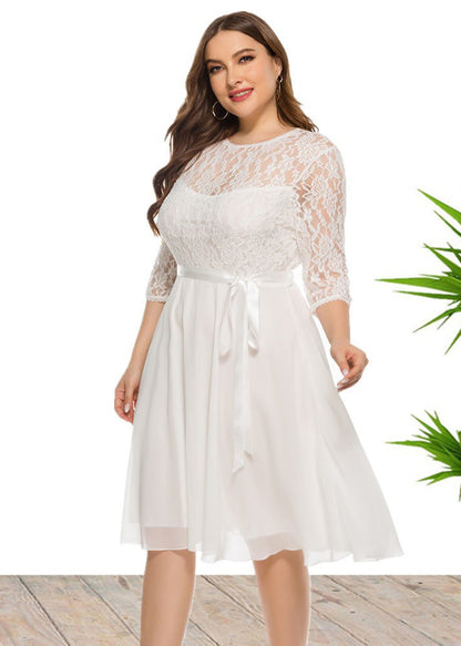 Brief White O-neck Lace Patchwork Chiffon Mid Dress Bracelet Sleeve