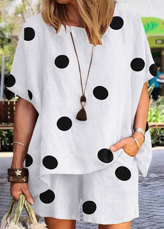 Brief White O-neck Print T Shirts and Shorts Two Pieces Set Short Sleeve