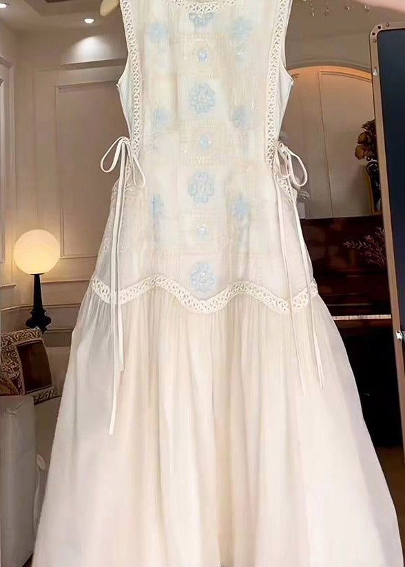 Brief White O-neck Print Tie Waist Maxi Dress Sleeveless