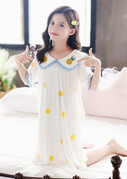 Brief White Peter Pan Collar Print Cozy Cotton Maxi Dresses Short Sleeve