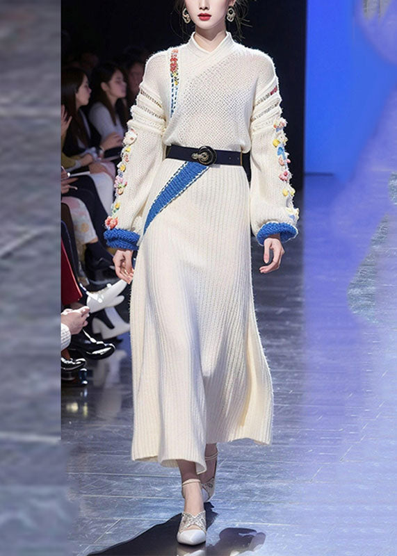 Brief White Stand Collar Tie Waist Cotton Knit Sweater Dress Long Sleeve