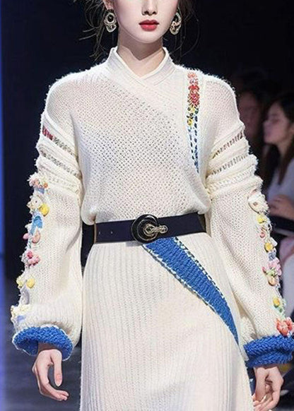 Brief White Stand Collar Tie Waist Cotton Knit Sweater Dress Long Sleeve