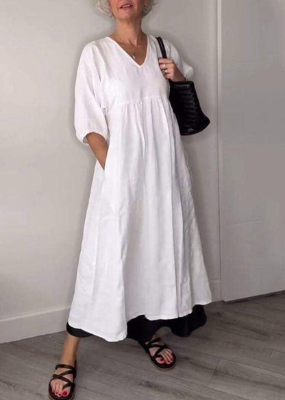 Brief White V Neck Patchwork Pockets Holiday Long Dress Half Sleeve