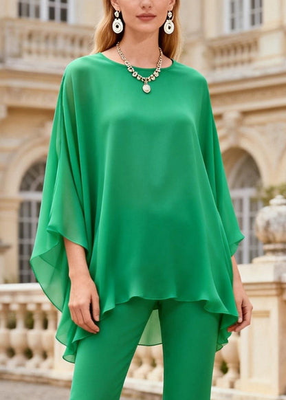 Bright Green Tops and Wrinkled Bell Bottom Trousers Two Piece Set O Neck Spring
