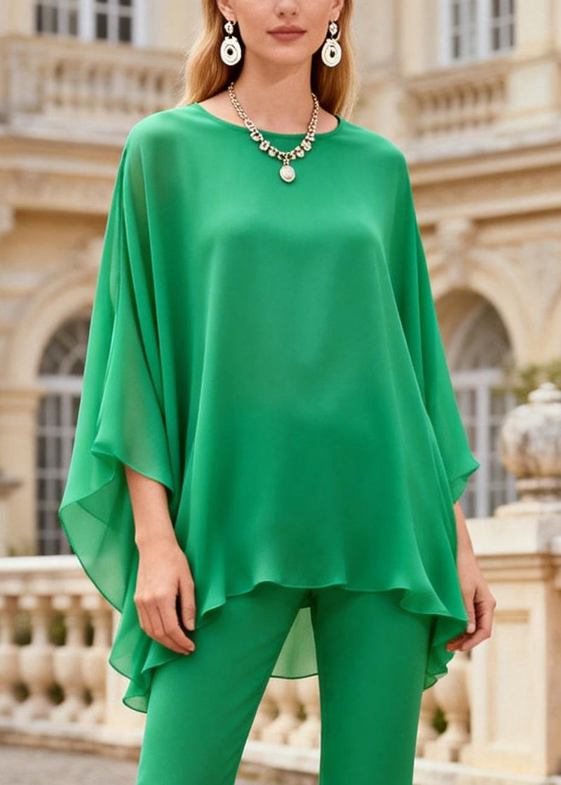 Bright Green Tops and Wrinkled Bell Bottom Trousers Two Piece Set O Neck Spring