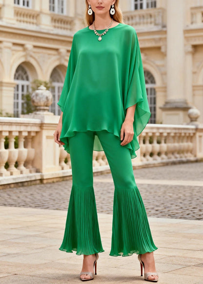 Bright Green Tops and Wrinkled Bell Bottom Trousers Two Piece Set O Neck Spring