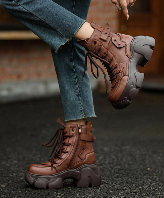 Brown Boots Platform Cowhide Leather Splicing Fuzzy Wool Lined