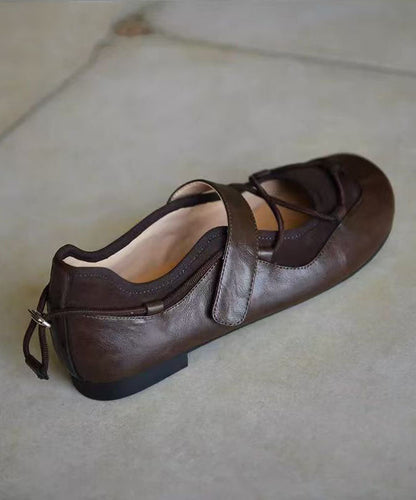 Brown Faux Leather Cross Strap Splicing Flat Shoes for