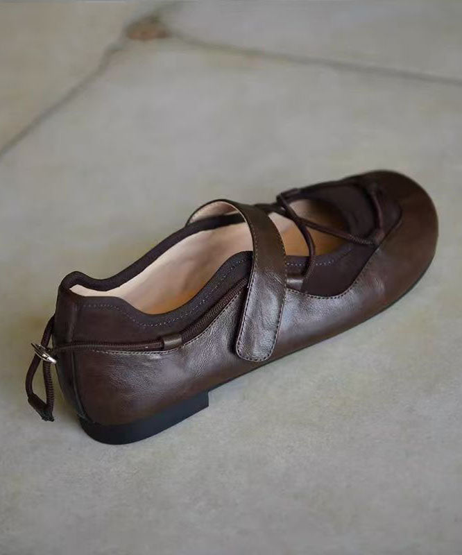 Brown Faux Leather Cross Strap Splicing Flat Shoes for