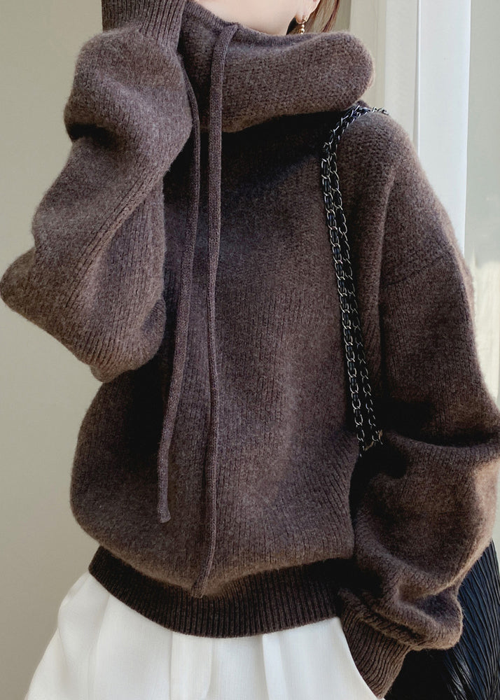 Brown Cozy Wool Knit Sweater Hooded Spring