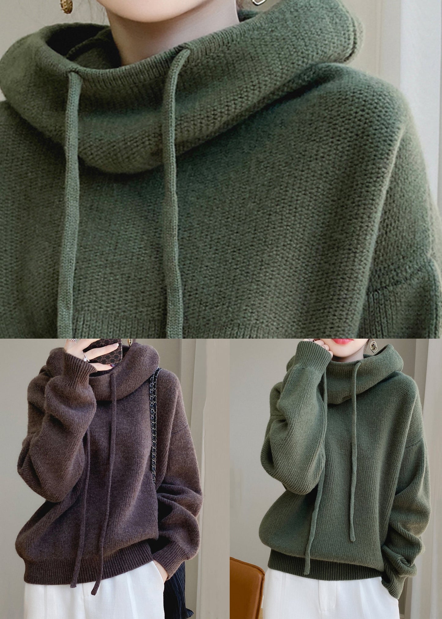 Brown Cozy Wool Knit Sweater Hooded Spring