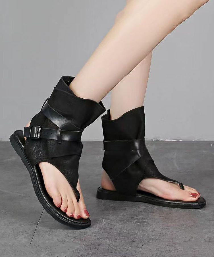 Brown Thong Sandals Boots Cowhide Leather Splicing Buckle Strap