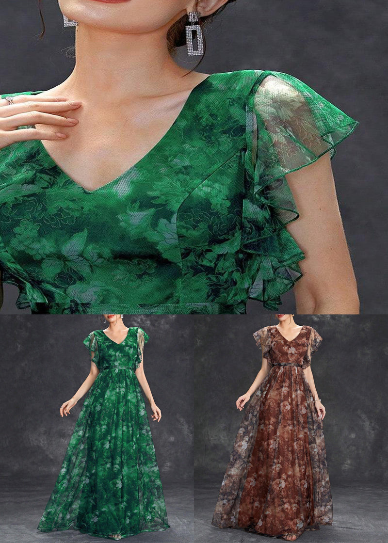Brown V Neck Print Tulle Long Dress Short Sleeve