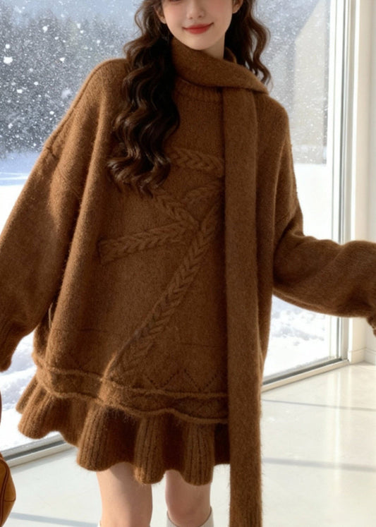 Brown Warm Knit Two Piece Set Clothing Oversized Bow Winter