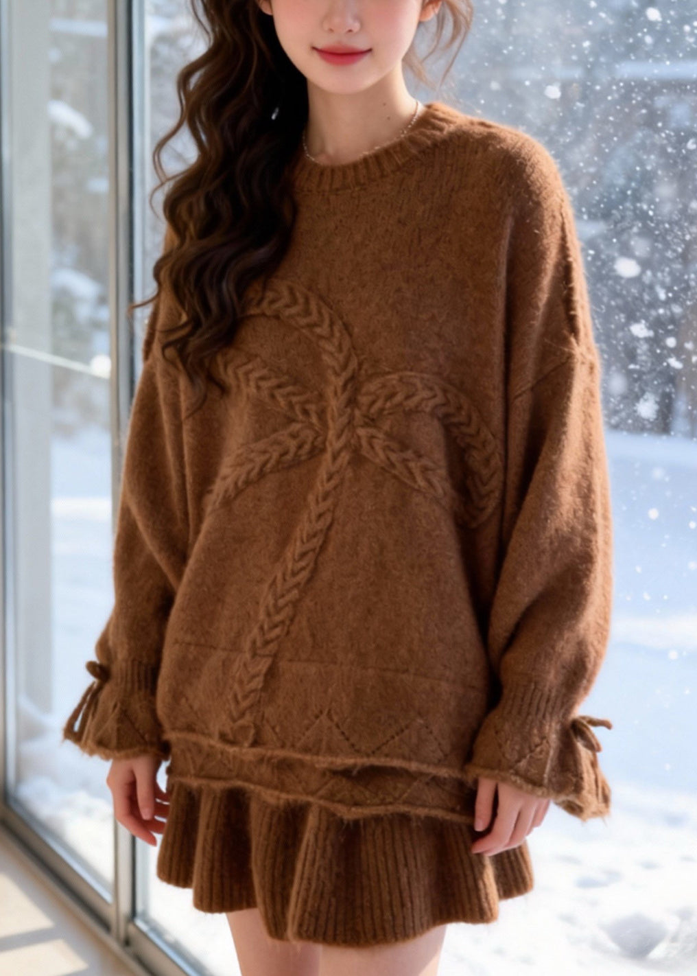 Brown Warm Knit Two Piece Set Clothing Oversized Bow Winter