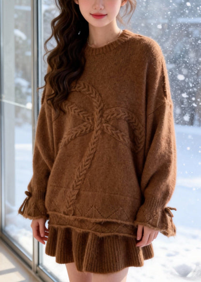 Brown Warm Knit Two Piece Set Clothing Oversized Bow Winter