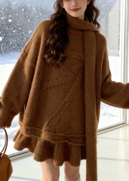 Brown Warm Knit Two Piece Set Clothing Oversized Bow Winter