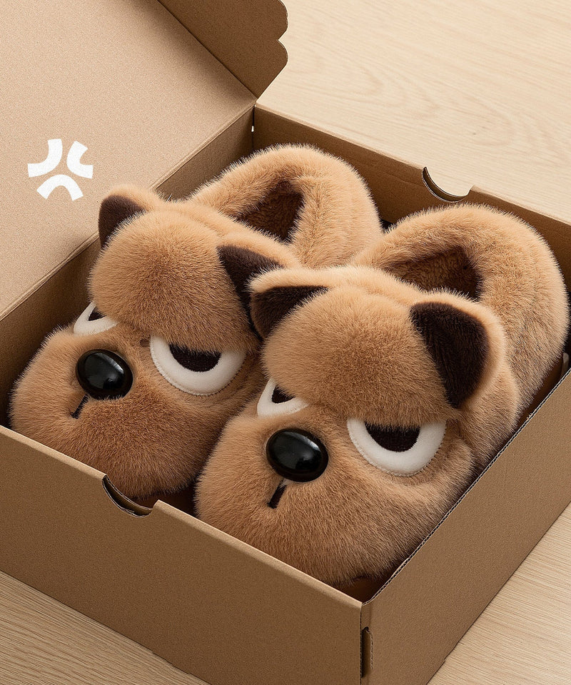 Brown Splicing Cartoon Fuzzy Fur Flat Feet Shoes