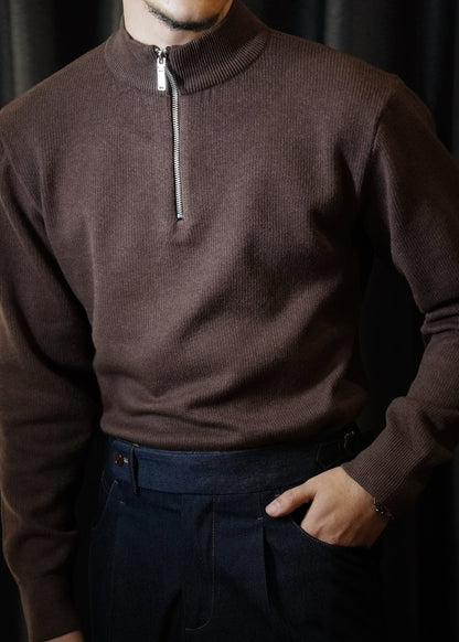 Brown Zip Up Thick Knit Short Sweater Stand Collar